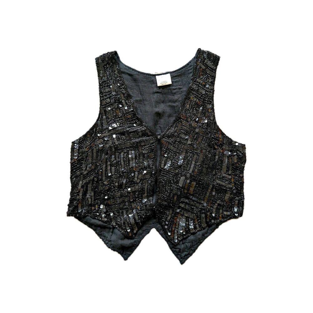 Vintage Elegance by Anujan Black Beaded Sequin Silk Rayon Lined Vest sz M